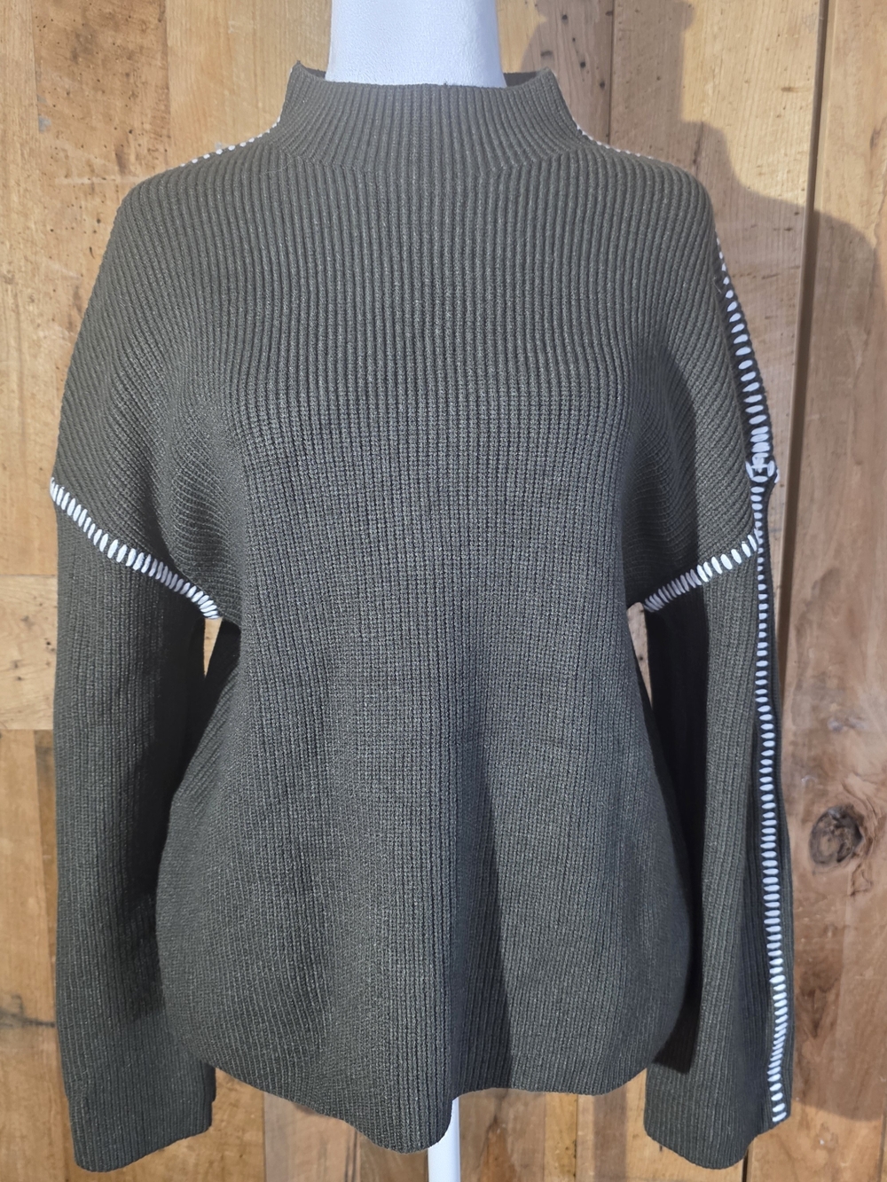 PrettyGarden Olive Green Mock Neck Whipstitch Oversized Sweater Size S NWT